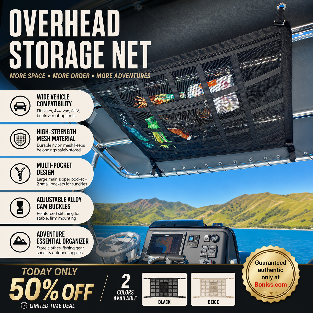 🚤 Save 50%! 🎣 Overhead Mesh Storage Net – Multi‑pocket & adjustable for SUV/van ✨