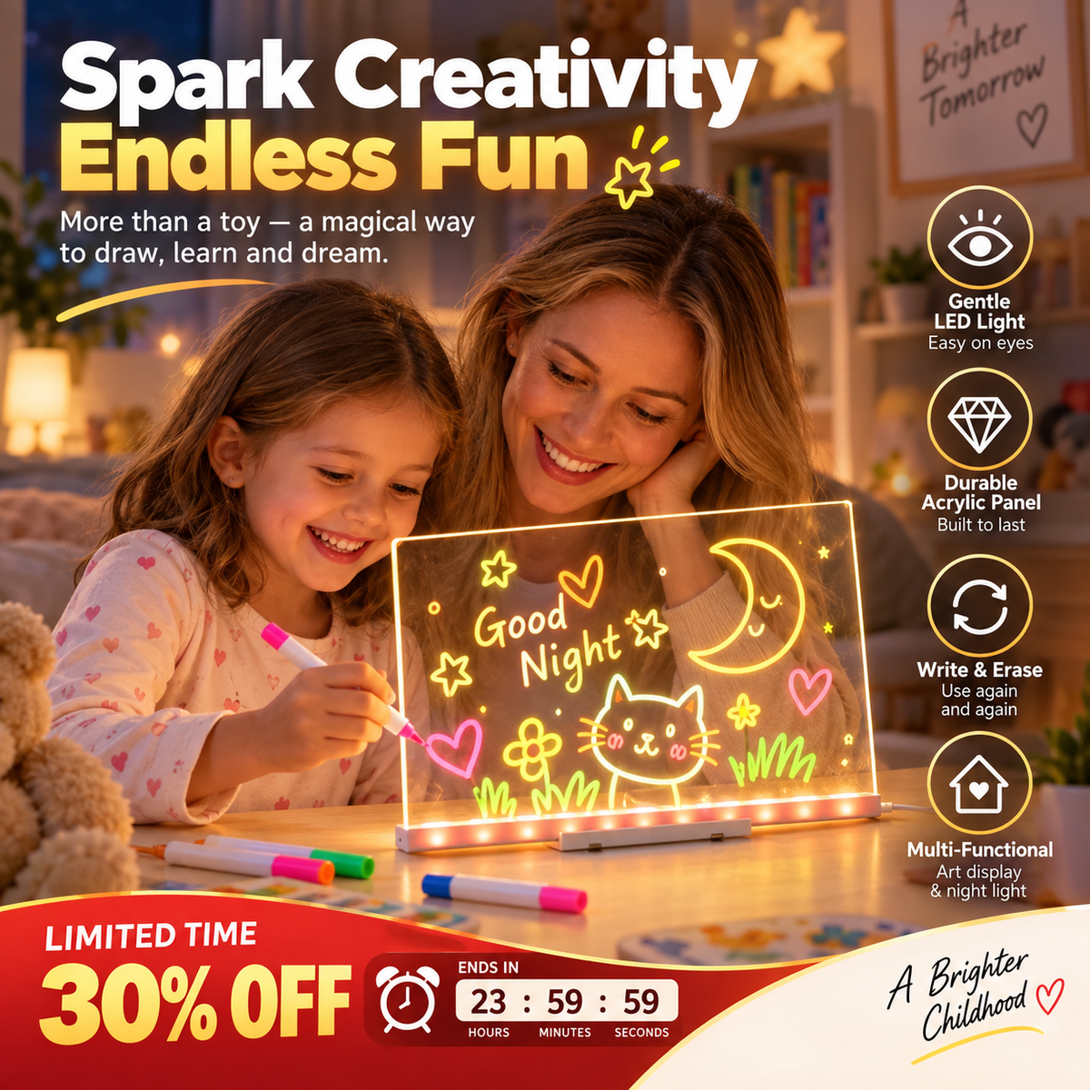🎨 Glowing Acrylic Drawing Board – 50% OFF! LED-lit display, wipe & redraw, 3 sizes, stand included – creative desk art that glows. 🖍️