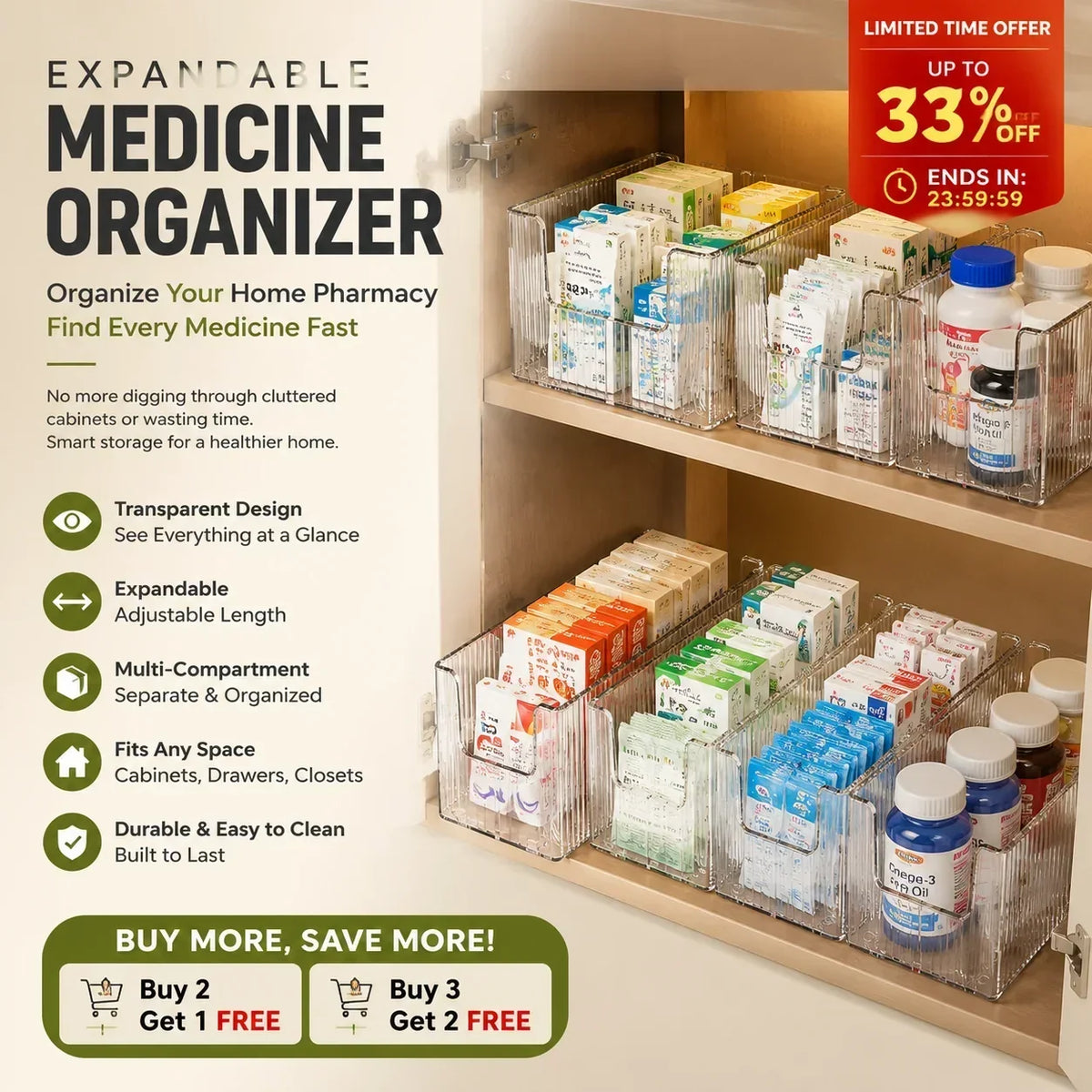 🎉BUY MORE GET MORE FREE🎁Transparent Expandable Medicine Organizer — expandable, perfect for a tidy medicine cabinet 💊🗄️