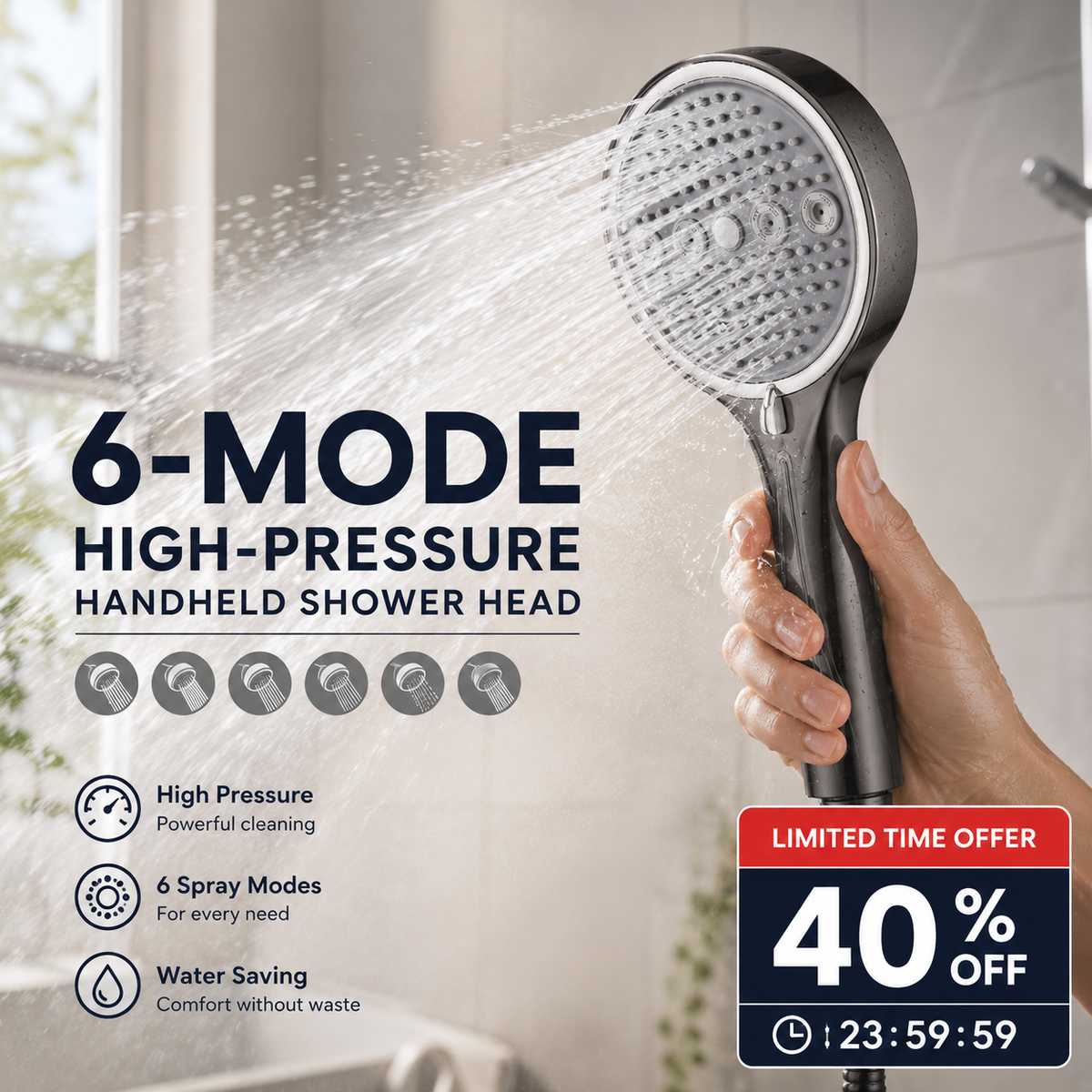 🚿 50% OFF! 💧 6‑Mode Handheld Shower Head – High pressure & easy install ✨